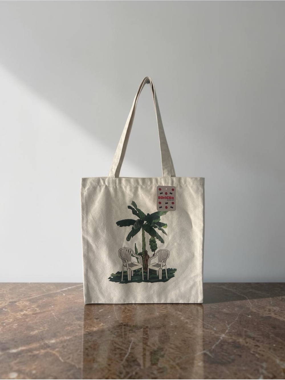 Puerto Rico Canvas Tote Bag with Palm Tree & Chairs Graphic - Cream NWT - Picture 2 of 3